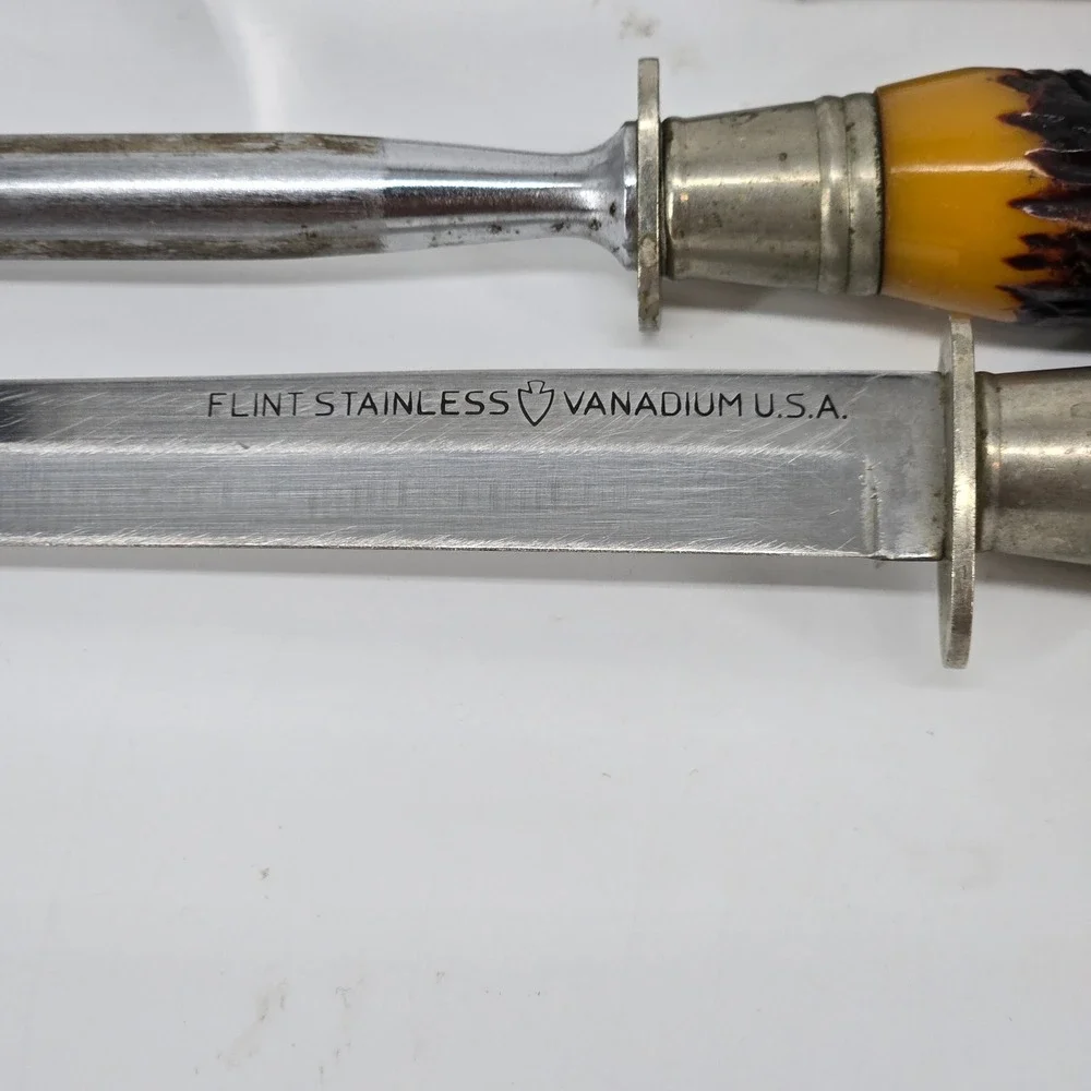 Vintage Flint Stainless Vanadium USA Carving Knife Set Faux Stag Horn Handle 3Pc